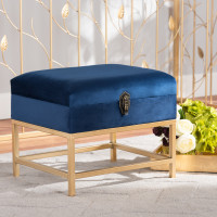 Baxton Studio JY19B-051S-Navy Blue VelvetGold-Otto Baxton Studio Aliana Glam and Luxe Navy Blue Velvet Fabric Upholstered and Gold Finished Metal Small Storage Ottoman